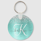 Teal Brushed Metal Silver Glitter Monogram Name キーホルダー (正面)