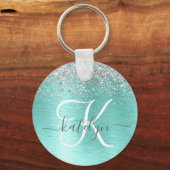 Teal Brushed Metal Silver Glitter Monogram Name キーホルダー (正面)