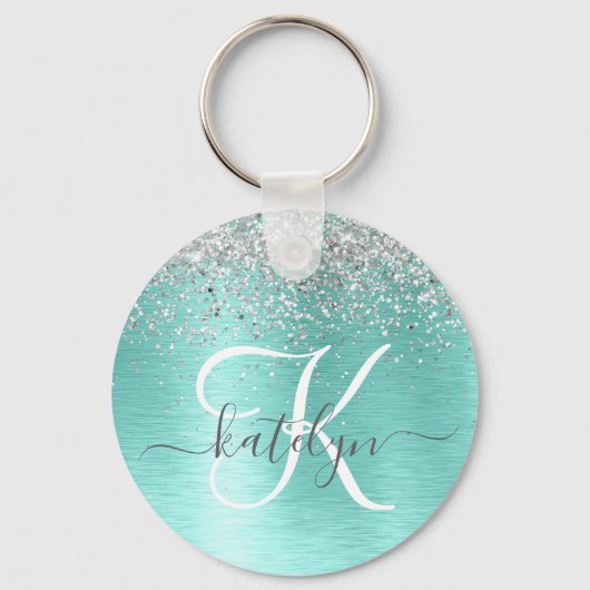 Teal Brushed Metal Silver Glitter Monogram Name キーホルダー (裏面)
