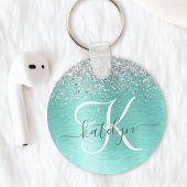 Teal Brushed Metal Silver Glitter Monogram Name キーホルダー