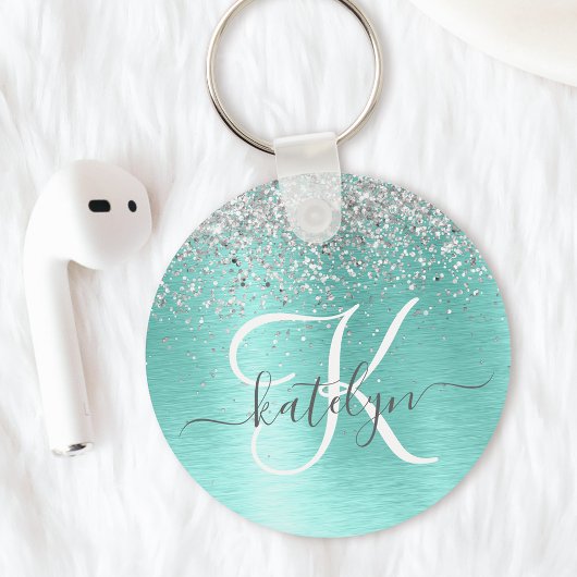 Teal Brushed Metal Silver Glitter Monogram Name キーホルダー