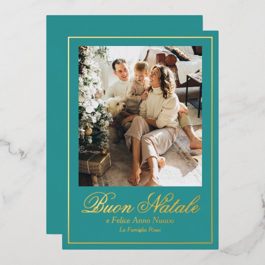 Teal Buon Natale e Felice Anno Nuovo Script Photo 箔シーズンカード (正面/裏面)
