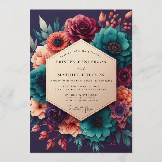 Teal & Burgundy Decadent Floral Wedding 招待状 (正面)