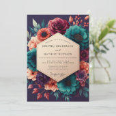 Teal & Burgundy Decadent Floral Wedding 招待状 (スタンド正面)