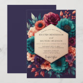 Teal & Burgundy Decadent Floral Wedding 招待状 (正面/裏面)