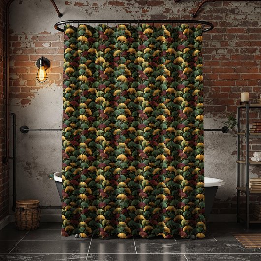 Teal Burgundy Ginkgo Leaf Pattern  シャワーカーテン