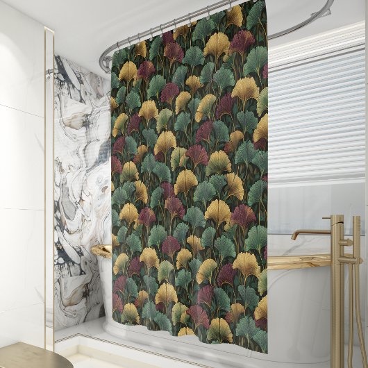 Teal Burgundy Ginkgo Leaf Pattern  シャワーカーテン