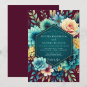 Teal & Burgundy Lush Botanical Wedding 招待状 (正面/裏面)
