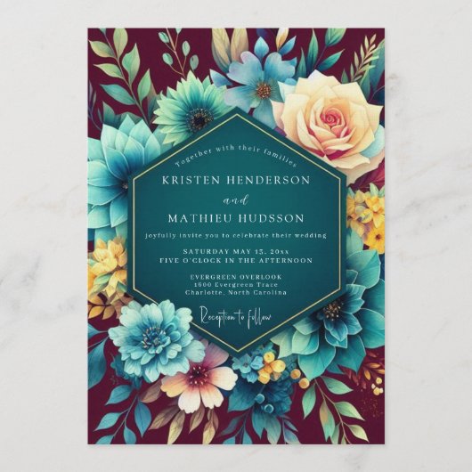 Teal & Burgundy Lush Botanical Wedding 招待状 (正面)