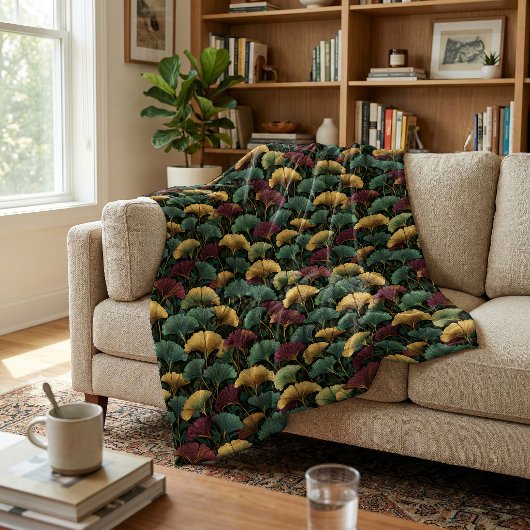 Teal Burgundy Vintage Ginkgo Leaf Pattern  フリースブランケット
