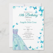 Teal Butterflies And Dress 18th Birthday Debut 招待状 (正面)