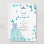 Teal Butterflies Dress Tiara Photo Quinceanera 招待状 (正面)