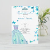 Teal Butterflies Dress Tiara Photo Quinceanera 招待状 (スタンド正面)