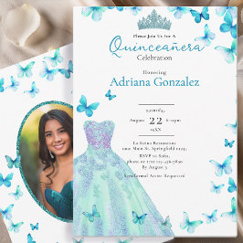 Teal Butterflies Dress Tiara Photo Quinceanera 招待状