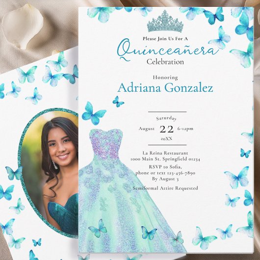 Teal Butterflies Dress Tiara Photo Quinceanera 招待状