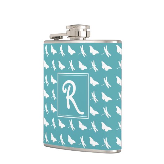 Teal Butterfly and Dragonfly Monogram フラスク (左)