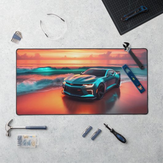 Teal Camaro Illustrated Desk Mat (Large) デスクマット (ワークステーション)
