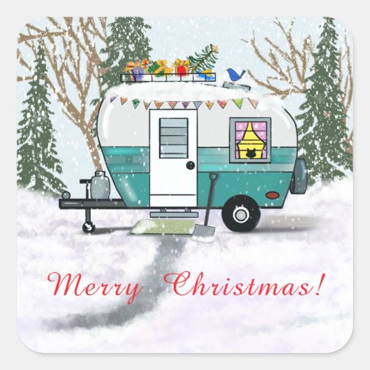 Teal Camper Christmas スクエアシール (正面)
