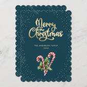 Teal Candy Cane Holly Berries Christmas シーズンカード (正面/裏面)