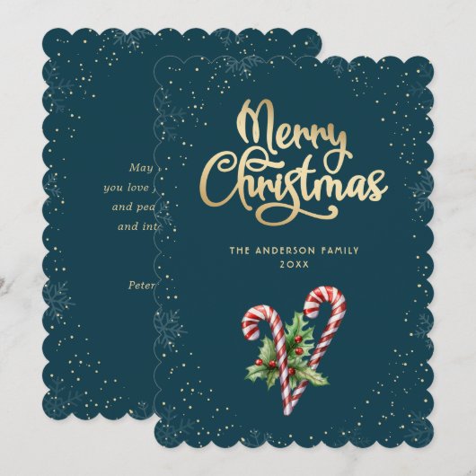 Teal Candy Cane Holly Berries Christmas シーズンカード (正面/裏面)