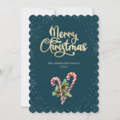 Teal Candy Cane Holly Berries Christmas シーズンカード (正面)