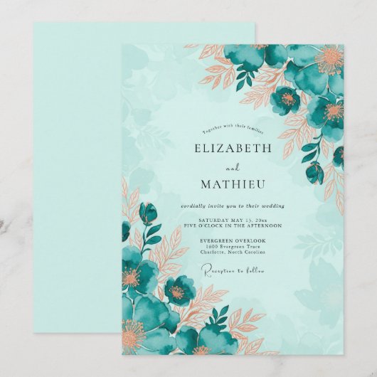 Teal Captivating Botanical Wedding 招待状 (正面/裏面)