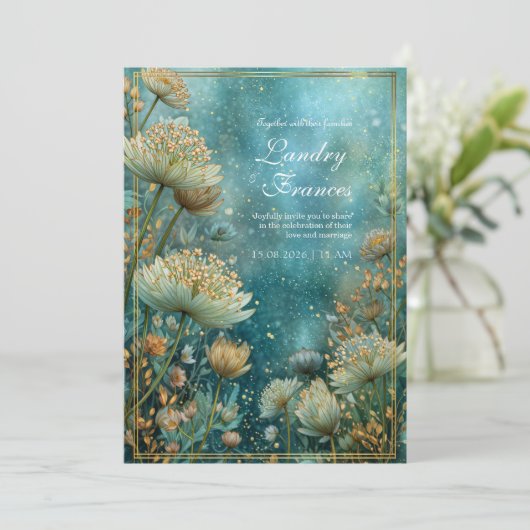 Teal Celestial Gilded Astrantia Wedding 招待状 (スタンド正面)