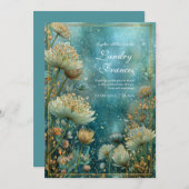 Teal Celestial Gilded Astrantia Wedding 招待状 (正面/裏面)
