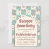 Teal Checkerboard Seashell Bow Baby Shower 招待状 (正面)