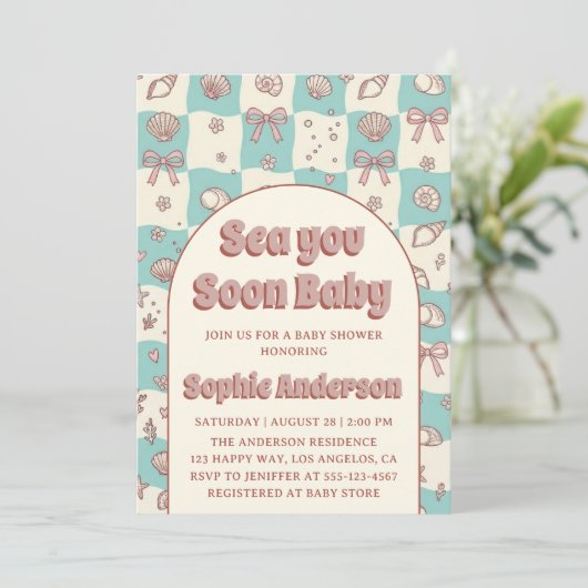 Teal Checkerboard Seashell Bow Baby Shower 招待状 (スタンド正面)