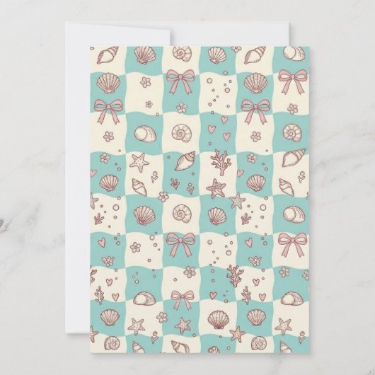 Teal Checkerboard Seashell Bow Baby Shower 招待状 (裏面)