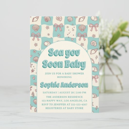 Teal Checkerboard Seashell Bow Baby Shower 招待状 (スタンド正面)