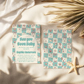 Teal Checkerboard Seashell Bow Baby Shower 招待状