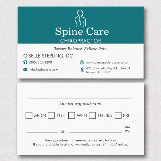 Teal Chiropractor Appointment Reminder Card 予約カード