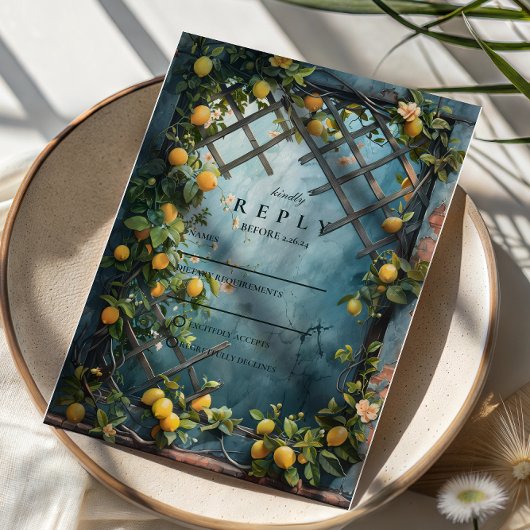 Teal Citrus Blossom Garden Wedding 出欠カード