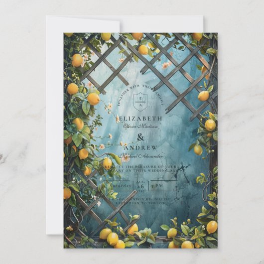 Teal Citrus Blossom Garden Wedding 招待状 (正面)