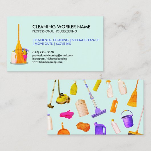 teal Cleaning Service Housekeeper Janitorial 名刺 (正面/裏面)