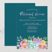  Teal Colorful  Floral Rehearsal Dinner  招待状 (正面/裏面)