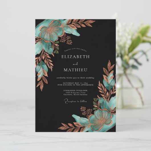 Teal Copper Botanical Bloom Wedding 招待状 (スタンド正面)