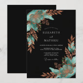 Teal Copper Botanical Bloom Wedding 招待状 (正面/裏面)