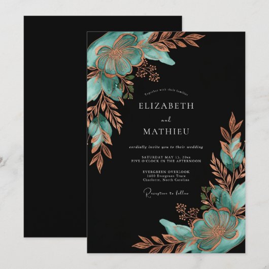 Teal Copper Botanical Bloom Wedding 招待状 (正面/裏面)