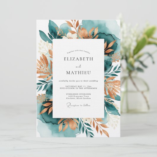 Teal Copper Botanical Romance Wedding 招待状 (スタンド正面)