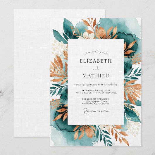 Teal Copper Botanical Romance Wedding 招待状 (正面/裏面)