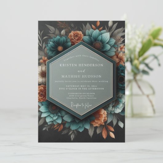 Teal Copper Dramatic Botanical Wedding 招待状 (スタンド正面)