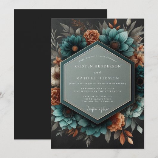 Teal Copper Dramatic Botanical Wedding 招待状 (正面/裏面)