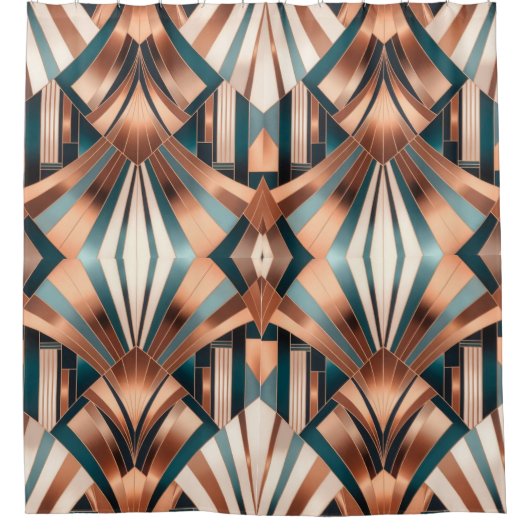 Teal Copper Geometric Skyscraper Neo Art Deco シャワーカーテン (正面)