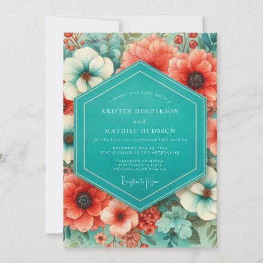 Teal Coral Bloom Romance Wedding 招待状 (正面)