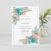 Teal Coral Bloom Romance Wedding 招待状 (スタンド正面)