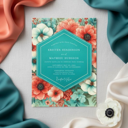 Teal Coral Bloom Romance Wedding 招待状