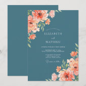 Teal Coral Bloom Whimsy Wedding 招待状 (正面/裏面)